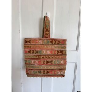 Vintage embroidered burlap single strap tote bag